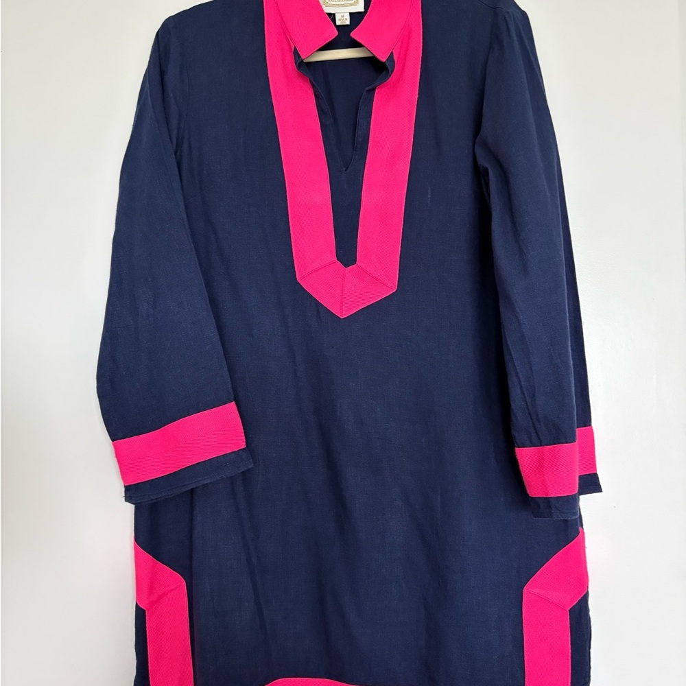 Preppy Caftan in Navy with Hot Pink Trim